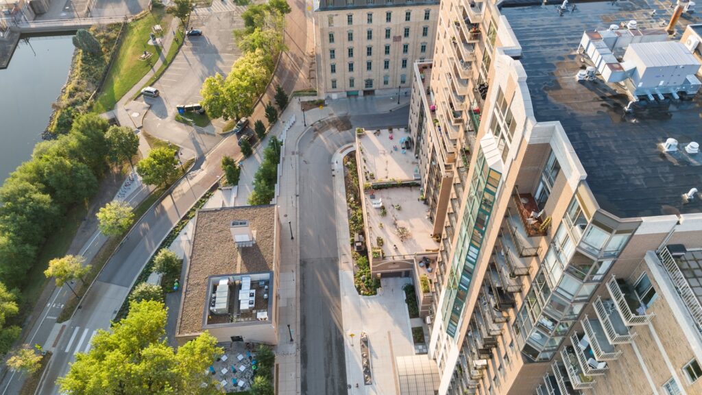 Aerial view of RiverWest along the riverside