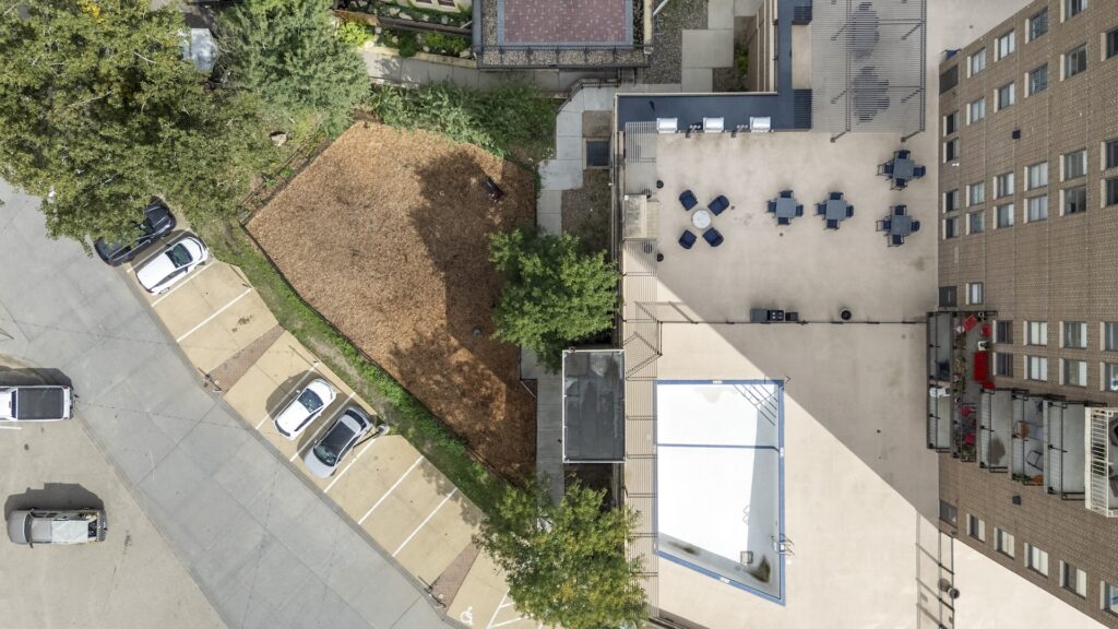 Overhead view of the swimming pool and pet exercise area