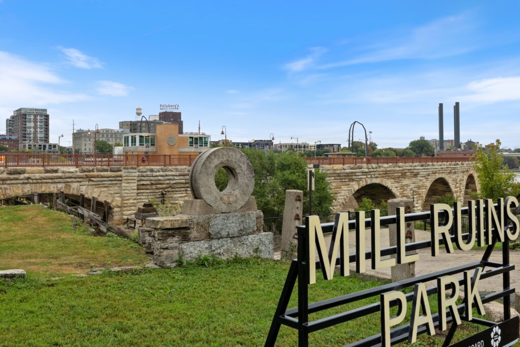 Mill Ruins Park with the Stone Arch Bridge in the background